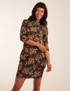 High Neck 3/4 Sleeve Dress With Belt