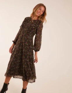 Frill Top Detail Midi Dress -Deals Sleek Dresses Store BV234830 BLACK 45361