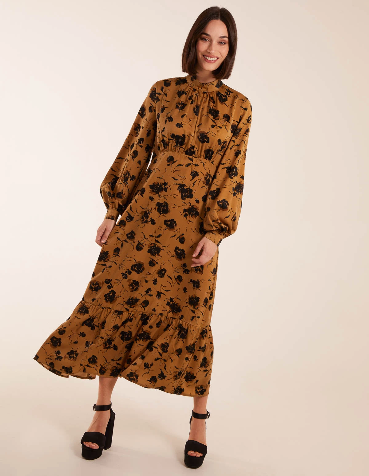 High Neck Midi Dress With Tiered Skirt And Puff Long Sleeve 3 High Neck Midi Dress With Tiered Skirt And Puff Long Sleeve - Image 3