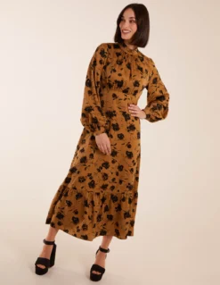 High Neck Midi Dress With Tiered Skirt And Puff Long Sleeve