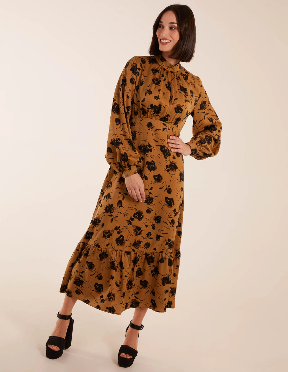 High Neck Midi Dress With Tiered Skirt And Puff Long Sleeve 1 High Neck Midi Dress With Tiered Skirt And Puff Long Sleeve