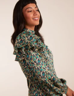 Ruffle Sleeve High Neck Swing Dress -Deals Sleek Dresses Store BV234851 TEAL 7239