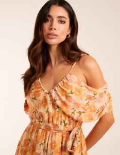 Cold Shoulder Detail Chiffon Midi Dress -Deals Sleek Dresses Store BV245020093 131772