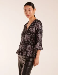 Button Front V Neck Flounce Blouse -Deals Sleek Dresses Store BV245029003 127635