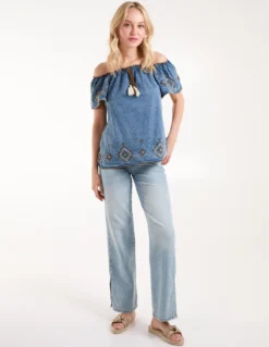 Denim Embroidered Bardot Top -Deals Sleek Dresses Store BV245402 LIGHTDENIM178