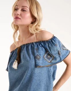 Denim Embroidered Bardot Top -Deals Sleek Dresses Store BV245402 LIGHTDENIM180