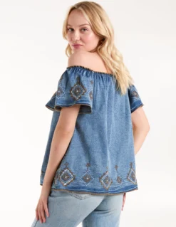 Denim Embroidered Bardot Top -Deals Sleek Dresses Store BV245402 LIGHTDENIM182