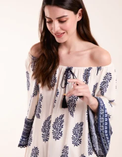 Mix Print Bardot With Tassel Dress