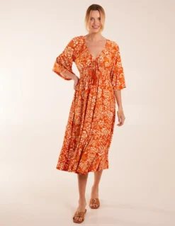 Elasticated V Neck Midi Dress With Tie Up Neck