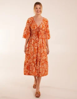 Elasticated V Neck Midi Dress With Tie Up Neck -Deals Sleek Dresses Store BV245809011 130663