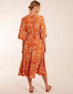 Elasticated V Neck Midi Dress With Tie Up Neck -Deals Sleek Dresses Store BV245809011 130664