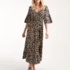 Leopard Print Elasticated Neck Shirred Waist Midi Dress