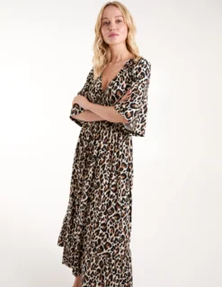 Leopard Print Elasticated Neck Shirred Waist Midi Dress -Deals Sleek Dresses Store BV245812013 134469