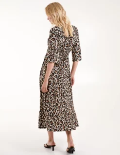 Leopard Print Elasticated Neck Shirred Waist Midi Dress -Deals Sleek Dresses Store BV245812013 134471