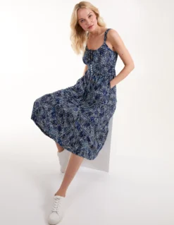 Ruched Cami Midi Dress With Buttons