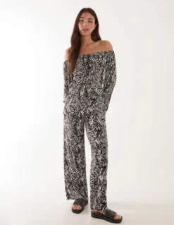 Off The Shoulder Top And Wide Leg Trouser Set -Deals Sleek Dresses Store BV245863003 130655