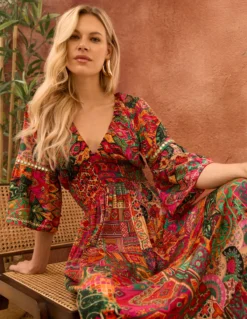 Embellished Sleeve V Neck Maxi Dress