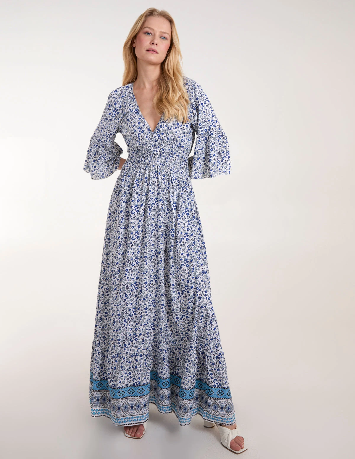 Shirred Waist Elasticated Neckline Maxi Dress 1 Shirred Waist Elasticated Neckline Maxi Dress