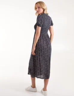 Puff Sleeve Shirred Midi Shirt Dress -Deals Sleek Dresses Store BV245892 NAVY111