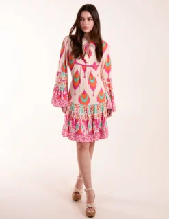 Printed Long Sleeve Tie Front Smock Dress -Deals Sleek Dresses Store BV245896063 131755