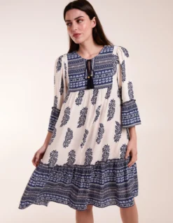 Mix Print Smock Dress With Tassel