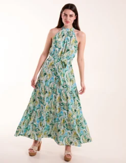 Halter Neck Paisley Maxi Dress -Deals Sleek Dresses Store BV245907 GREEN 3449