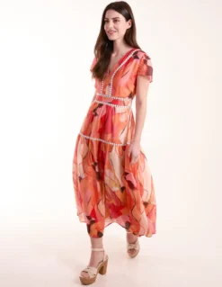 Double Frill V Neck Midi Dress