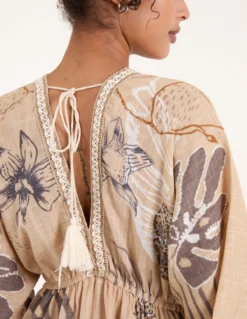 V Neck Tassel Front Midi Dress -Deals Sleek Dresses Store BV245957 BEIGE 4