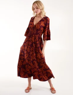 Elasticated Neck Shirred Waist Midi Dress