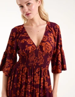 Elasticated Neck Shirred Waist Midi Dress -Deals Sleek Dresses Store BV245975901 134480