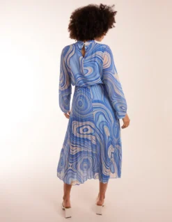 Swirl Print High Neck Pleated Dress -Deals Sleek Dresses Store BV2551 BLUE 10081