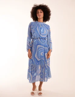 Swirl Print High Neck Pleated Dress -Deals Sleek Dresses Store BV2551 BLUE 10113