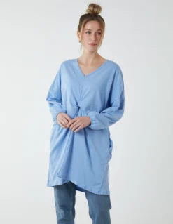 Twist Front Cotton Tunic With Side Pocket -Deals Sleek Dresses Store BV2561 BLUE 3193