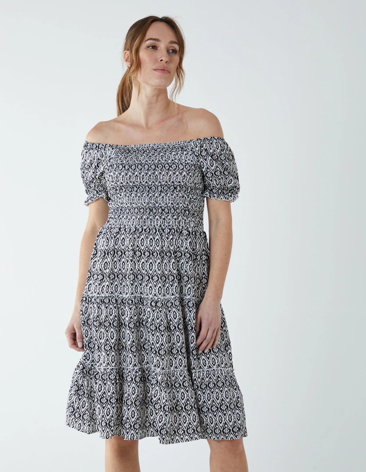 Puff Sleeve Bardot Shirred Dress 2 Puff Sleeve Bardot Shirred Dress - Image 2