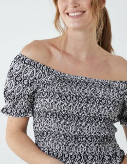 Puff Sleeve Bardot Shirred Dress 6 Puff Sleeve Bardot Shirred Dress -Deals Sleek Dresses Store BV2640 WHITE 8951