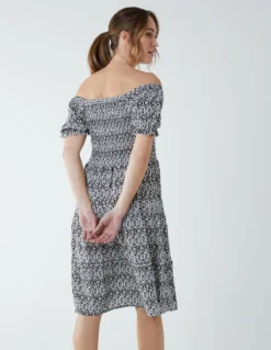 Puff Sleeve Bardot Shirred Dress 7 Puff Sleeve Bardot Shirred Dress -Deals Sleek Dresses Store BV2640 WHITE 8966