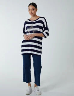 Striped T Shirt W Diamante Star -Deals Sleek Dresses Store BV2707 NAVY 23846