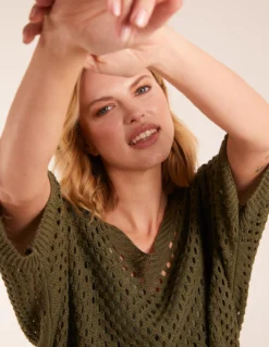 Crochet V Neck Top -Deals Sleek Dresses Store BV2787 KHAKI 0565