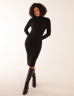 Ribbed Roll Neck Midi Dress -Deals Sleek Dresses Store BV2831003 112209