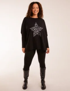 Leopard Star Print Button Back Batwing Top -Deals Sleek Dresses Store BV2947 black 20737