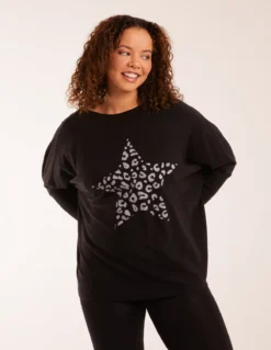 Leopard Star Print Button Back Batwing Top