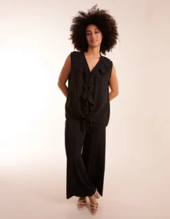 V Neck Ruffle Top With Knot -Deals Sleek Dresses Store BV2991 BLACK 10800
