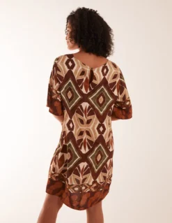 Tribal Print Short Sleeve Dress -Deals Sleek Dresses Store BV3054 RUST 12677