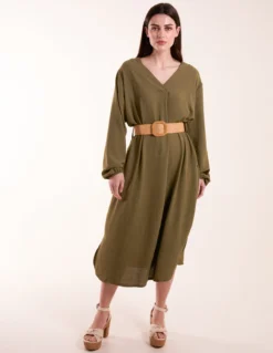 V Neck Long Sleeve Dress With Belt -Deals Sleek Dresses Store BV3139 KHAKI 1555