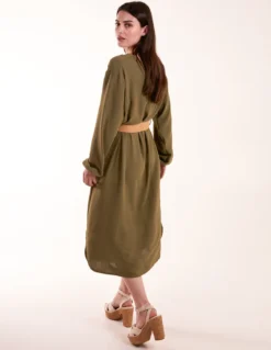 V Neck Long Sleeve Dress With Belt -Deals Sleek Dresses Store BV3139 KHAKI 1604