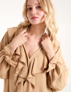 Ruffle Collar & Sleeve Tunic -Deals Sleek Dresses Store BV3141 CAMEL225