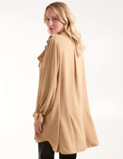 Ruffle Collar & Sleeve Tunic -Deals Sleek Dresses Store BV3141 CAMEL227