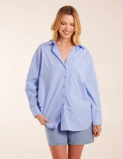 Stripe Classic Cotton Shirt -Deals Sleek Dresses Store BV3147 BLUE 12577