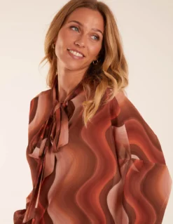 Chiffon Swirl Print Blouse -Deals Sleek Dresses Store BV3168 BROWN 44346