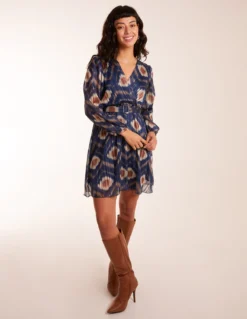 Metallic Blurred Aztec Belted Dress